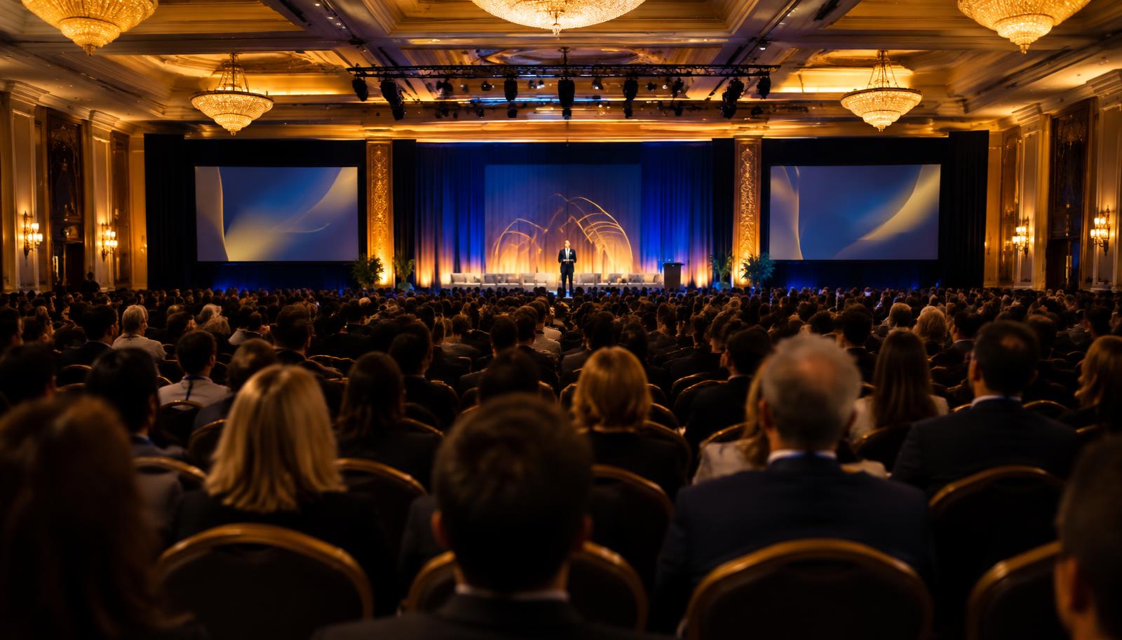 A full conference audience facing a warmly lit keynote stage